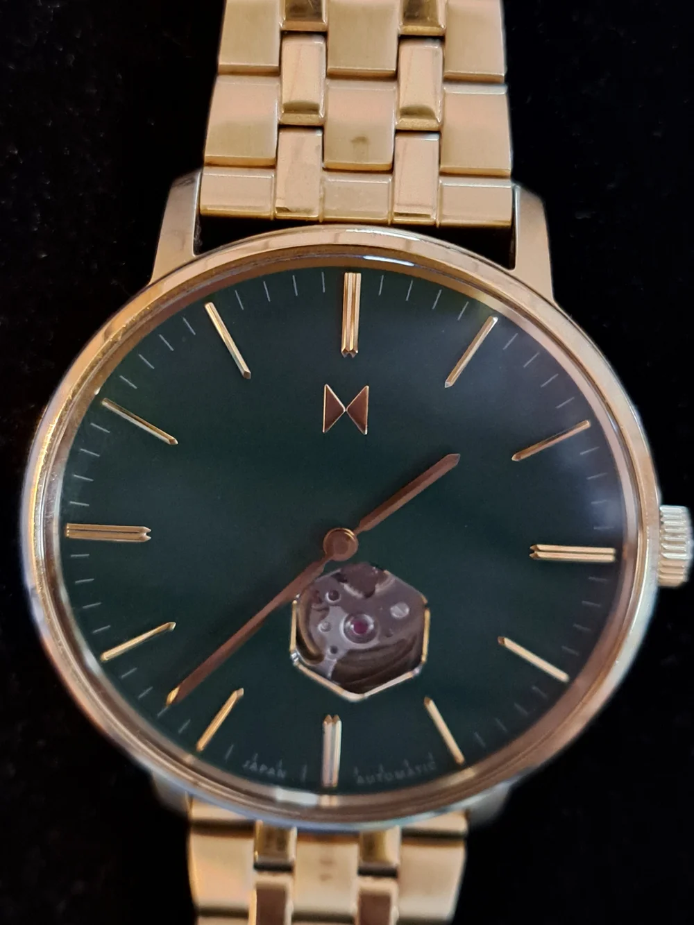 MVMT Gold Bracelet Watch with Green Dial and Open Heart